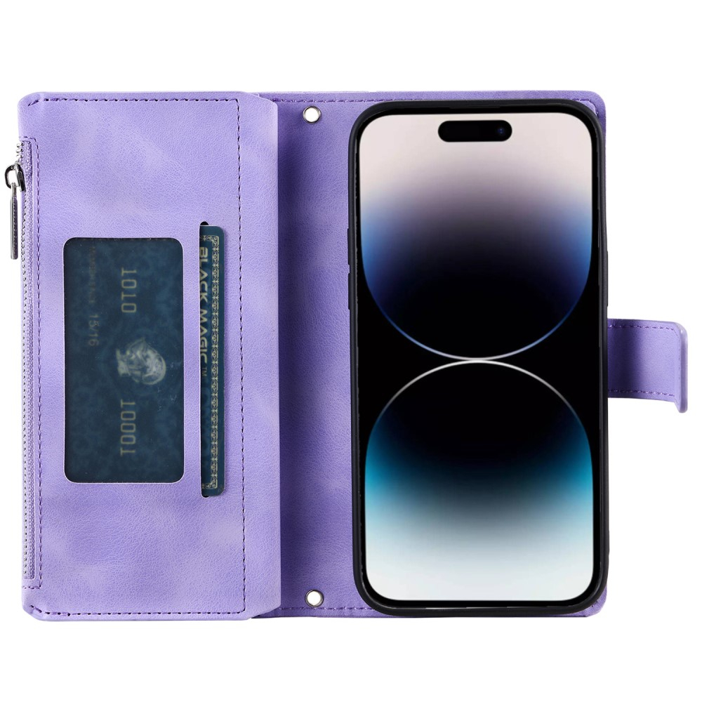 iPhone 16 Pro Max Leder Tasche Flip Cover mit Reissverschluss - Mandala Flowers Imprint - Lila