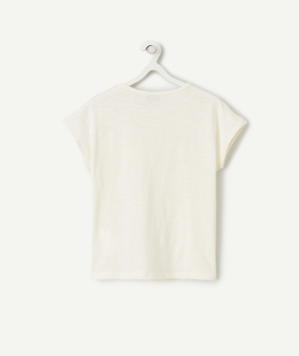 T-SHIRT FILLE EN COTON BIO ÉCRU AVEC POCHE EN CROCHET