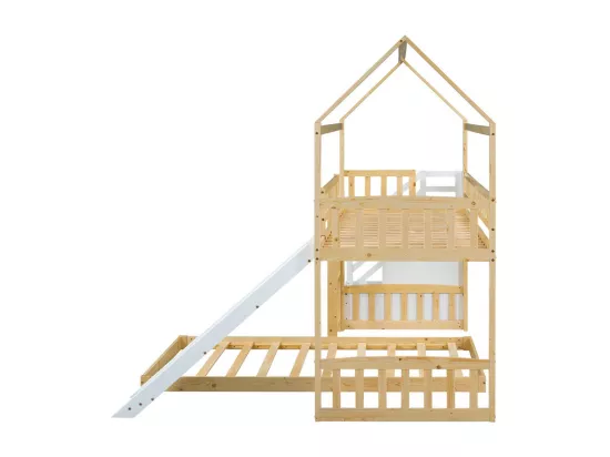 Lit superposé cabane enfant 2x90x200cm - avec escalier de rangement et escalier angulaire - toboggan - lit inférieur amovible - Blanc