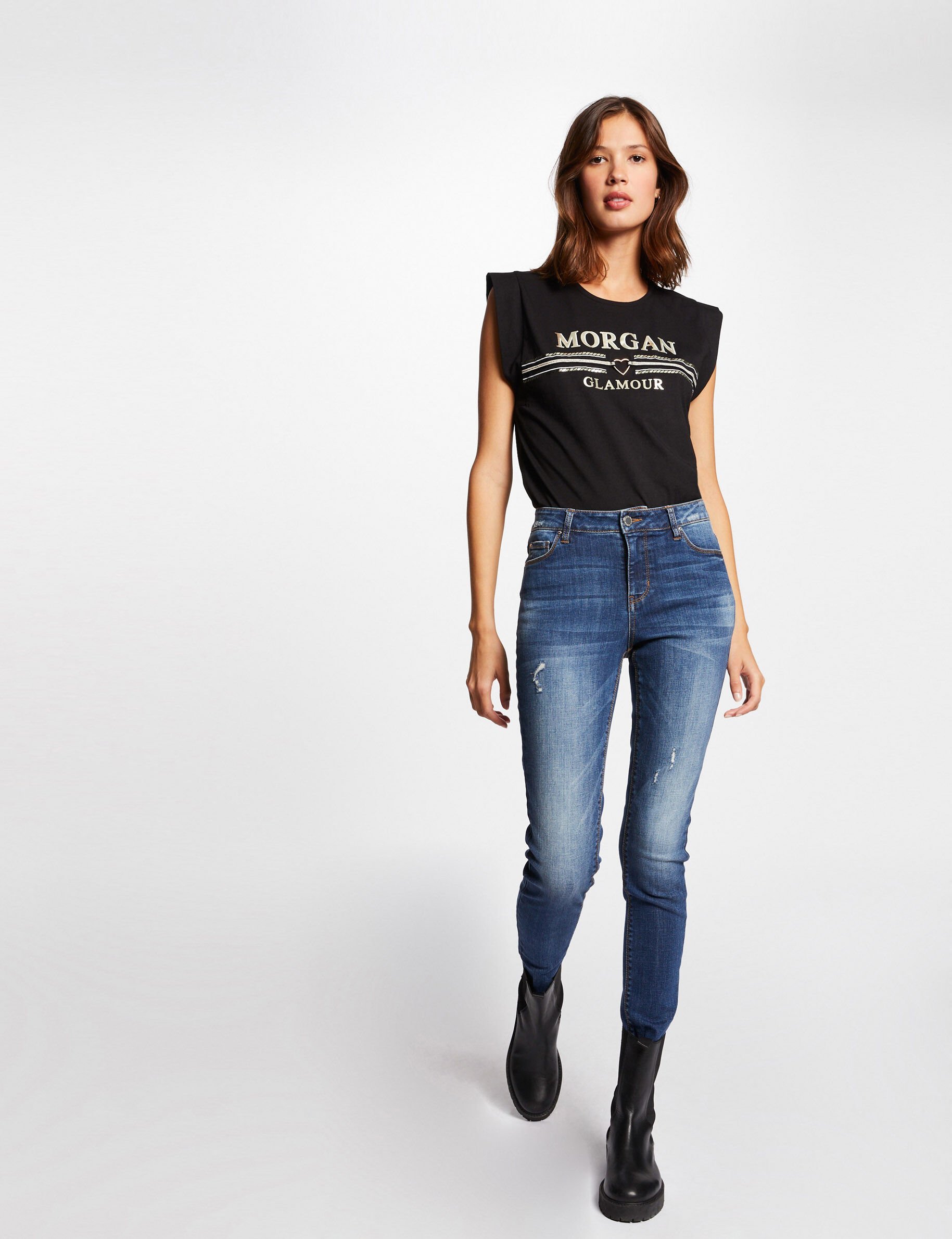 T-shirt manches courtes à inscription noir femme - noir