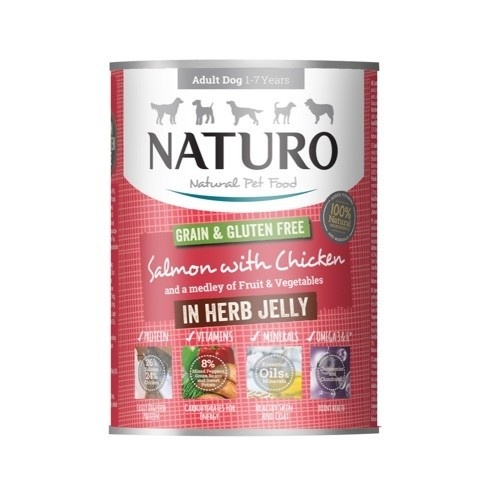 Alimento úmido Naturo em lata, sabor salmão e frango, para cães.