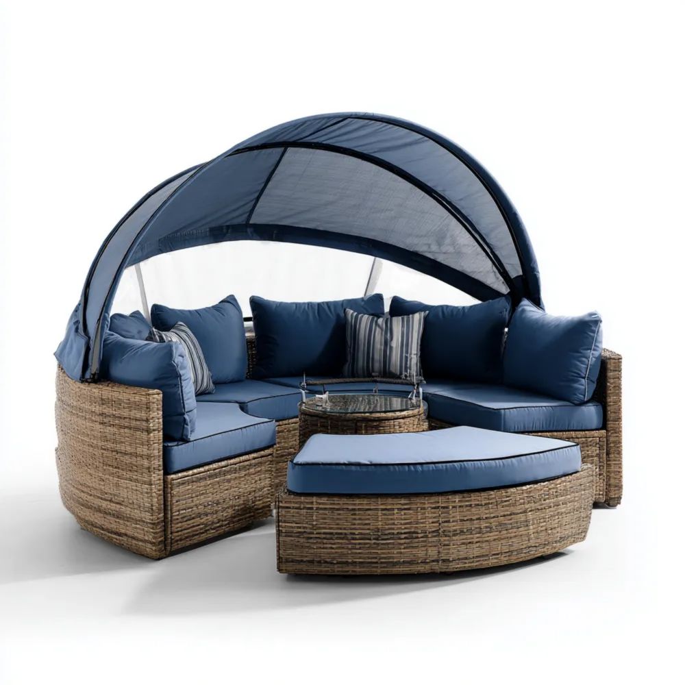 Garten-Sofaset Rattan 220 x 140 x 75 cm Blau Sonnendach – Modernes Des
