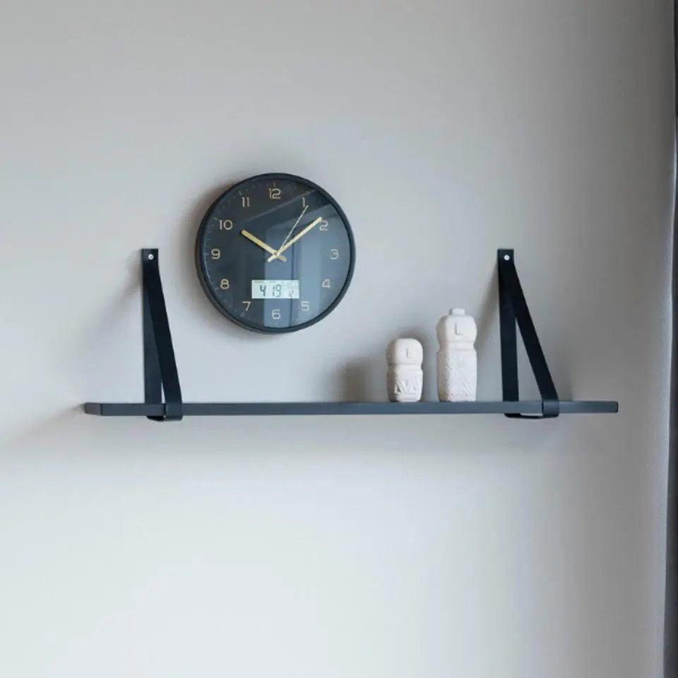 Forno zwarte wandplank met leren riemen.