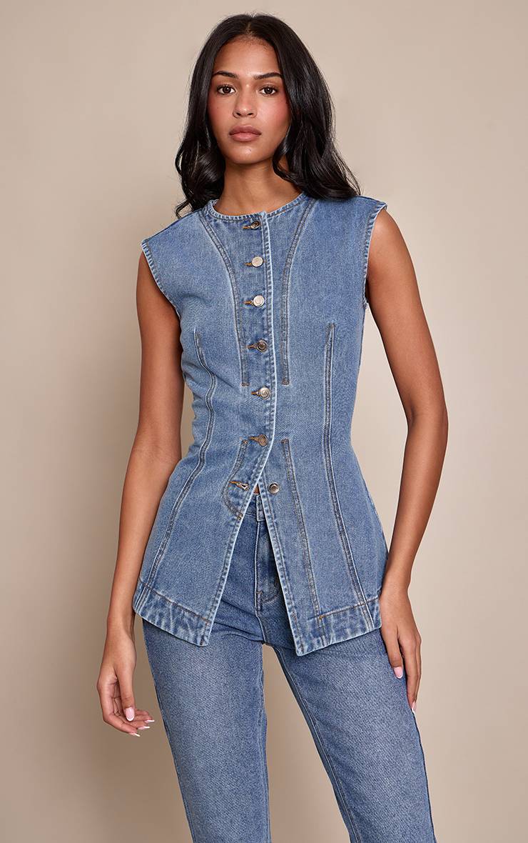 Mid Blue Wash Haut En Denim Sans Manches Long Pour Grande Taille