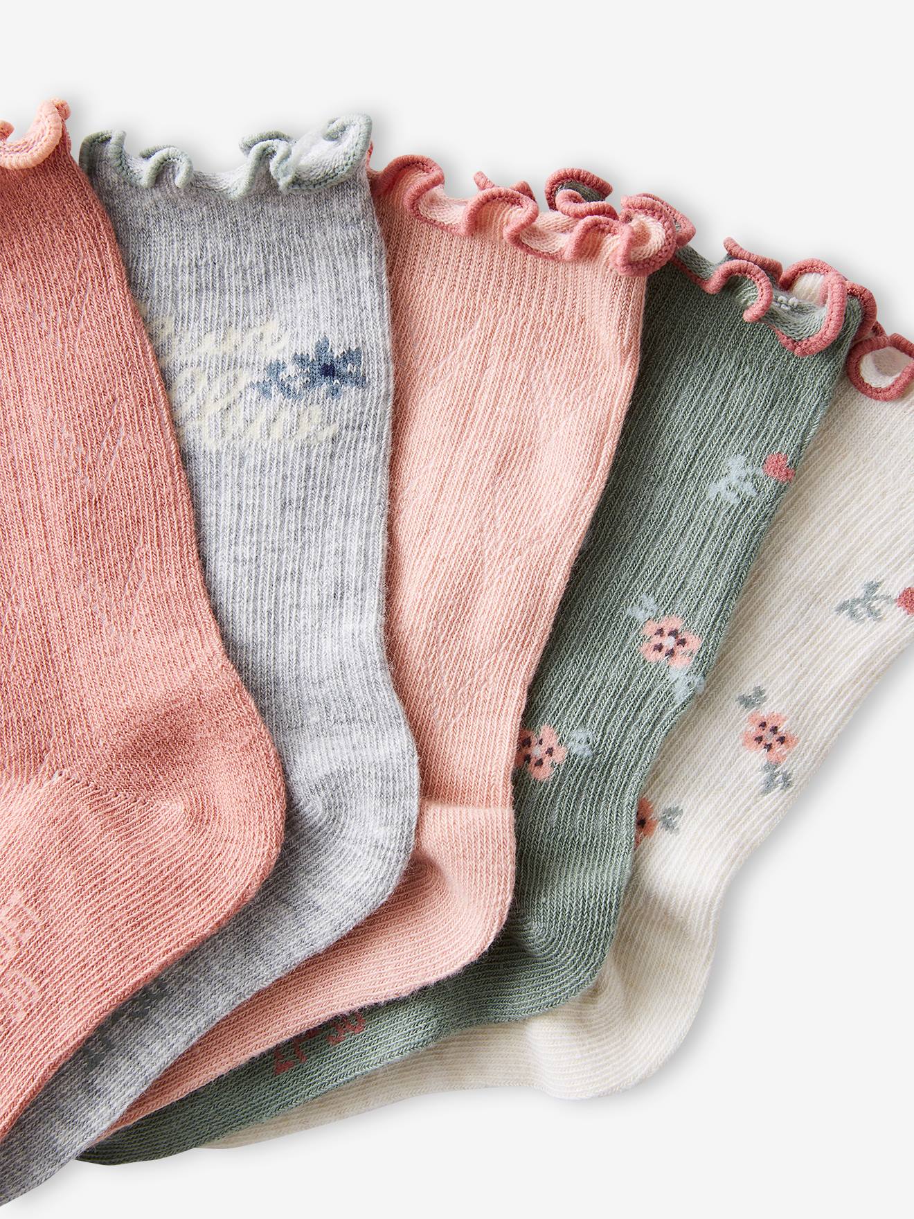 Pacote com 5 pares de meias caneladas/revestidas para meninas, rosa chiclete