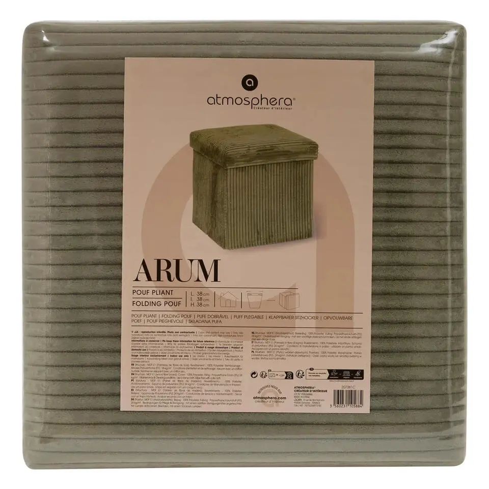 Atmosphera Hocker/poef Ribcord - opvouwbaar - groen - 38x38cm