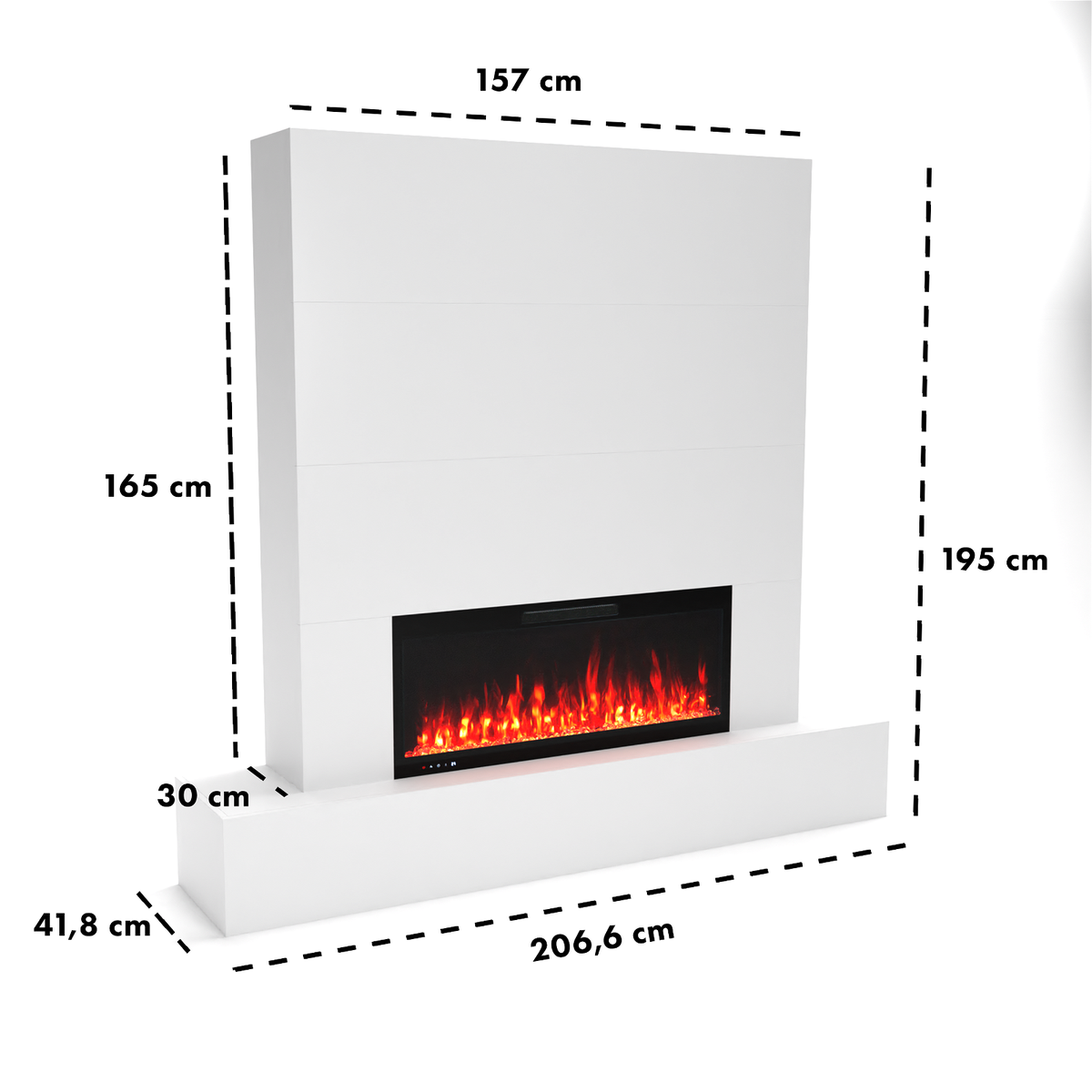 Glow Fire TV wandmeubel met open haard 'Inside 106' | Cinewall met elektrische haard in wit met verwarming (1500 W) | BxHxD: 206,6x157x41,8 cm