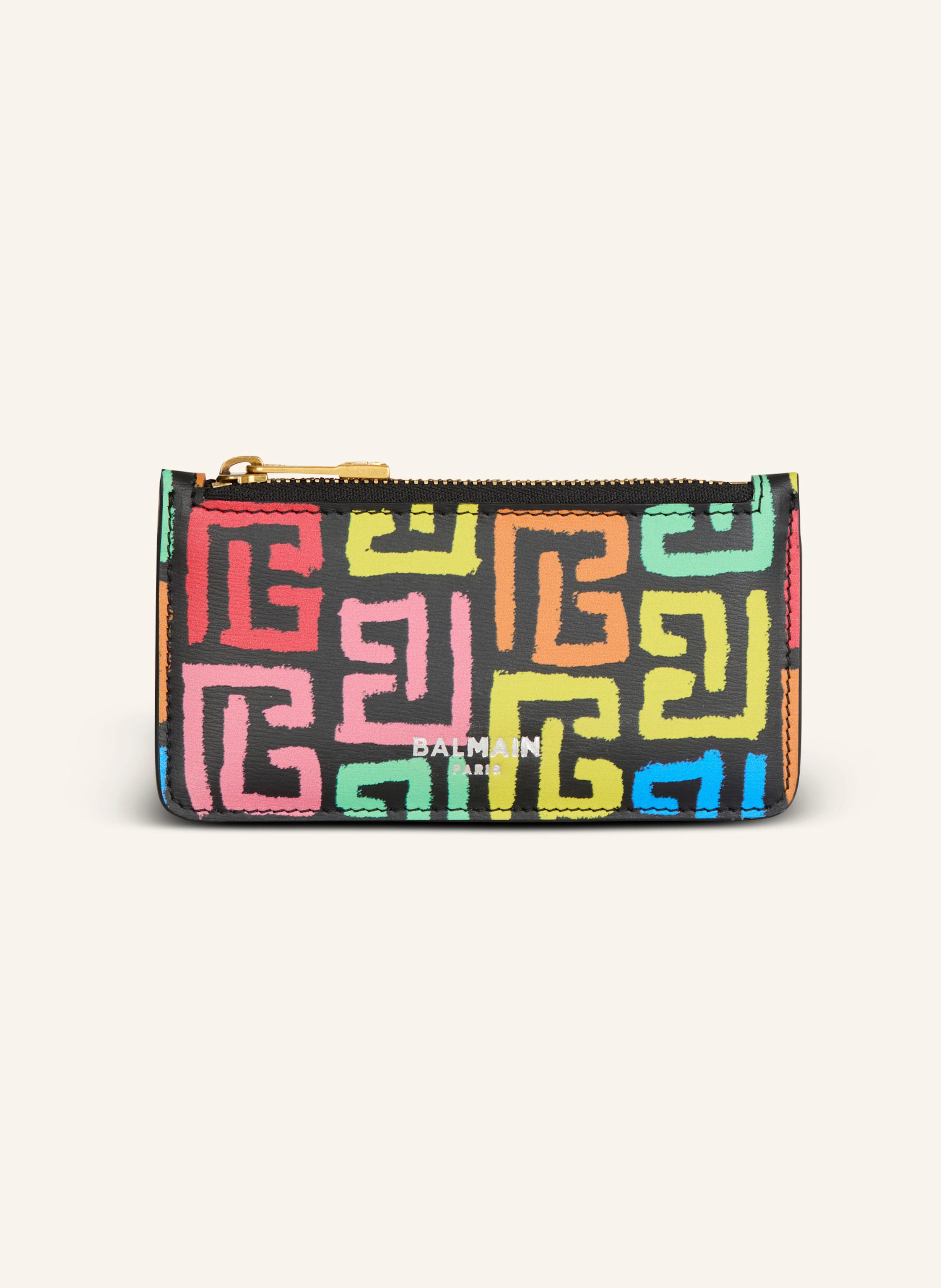 BALMAIN Portemonnaie aus Kalbsleder mit buntem PB Labyrinth Monogramm-Print