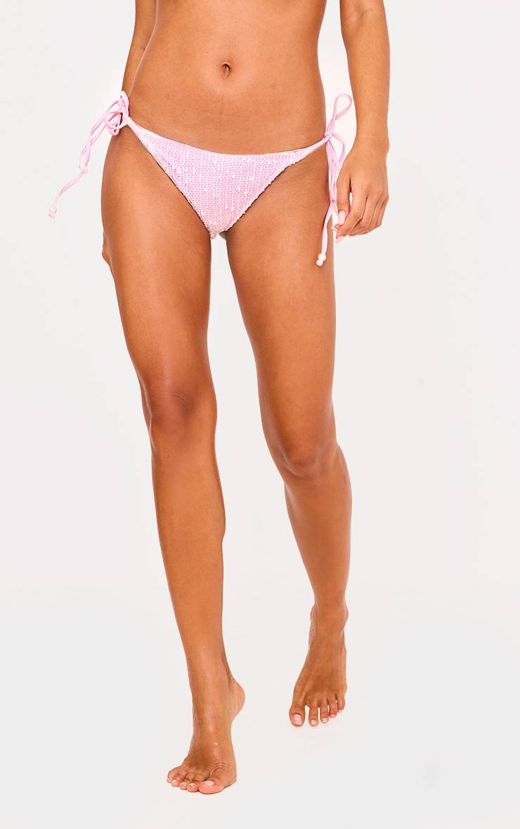 Rose Bas De Bikini À Liens Latéraux Avec Superposition Texturée