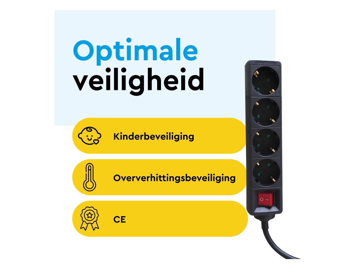 BRASQ 1,4 meter 4-voudige stekkerdoos met schakelaar - Black