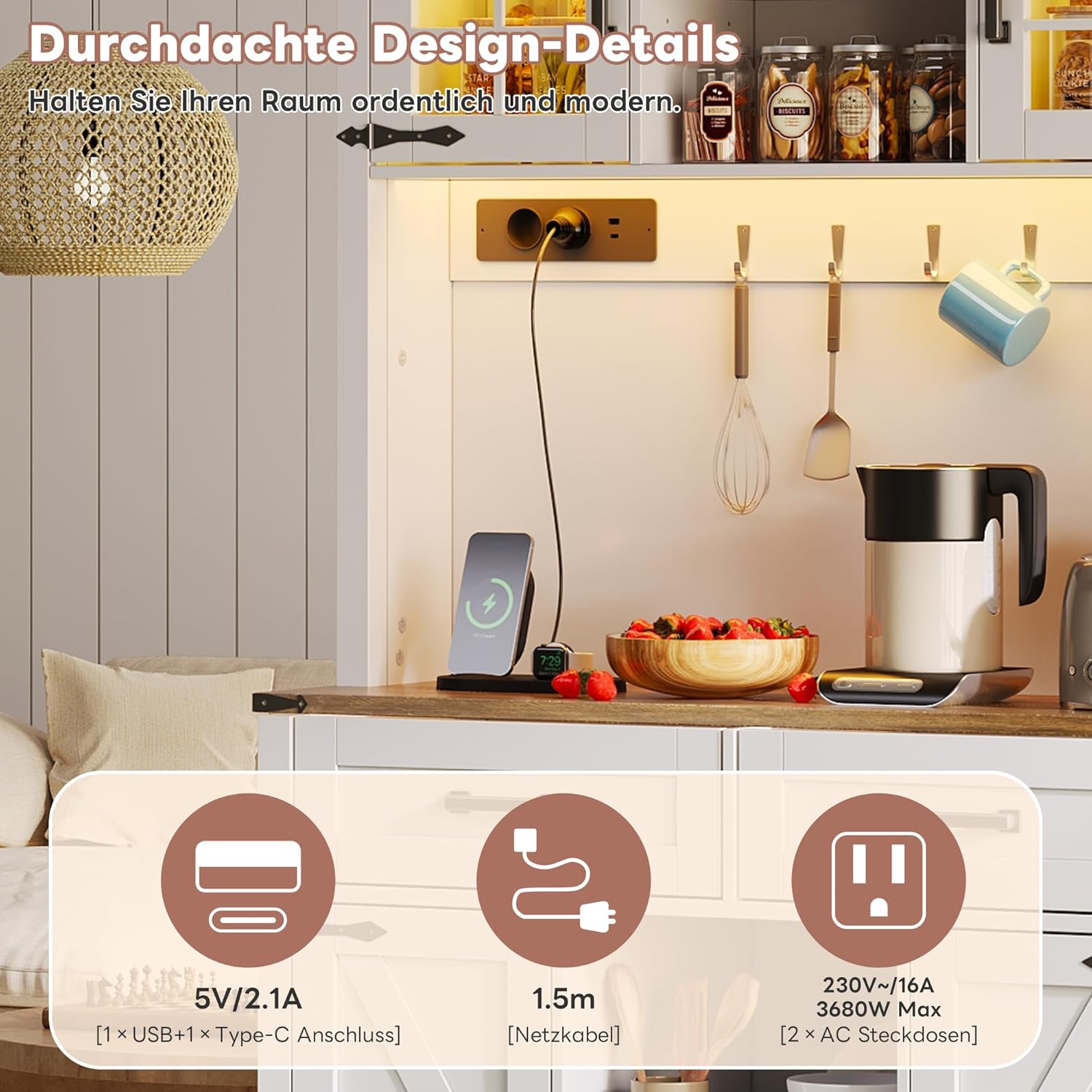 Merax Küchenschrank Buffetschrank, Hochschrank mit LED-Beleuchtung und Steckdosen, Küchenbuffet mit Arbeitsplatte und 2 Schubladen, rustikaler Kaffeebar-Sideboard-Tisch, Weiß, 100x40x172 cm