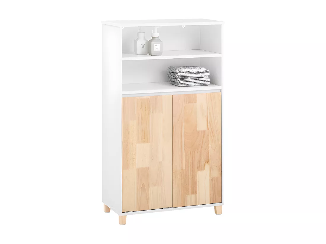 SoBuy Meuble Bas de Salle de Bain avec Bac à Linge Amovible Armoire à Linge Commode pour Salle de Bain Armoire Toilette avec 3 Compartiments et 1 Panier à Linge, 64x33x110 cm, BZR143-WN