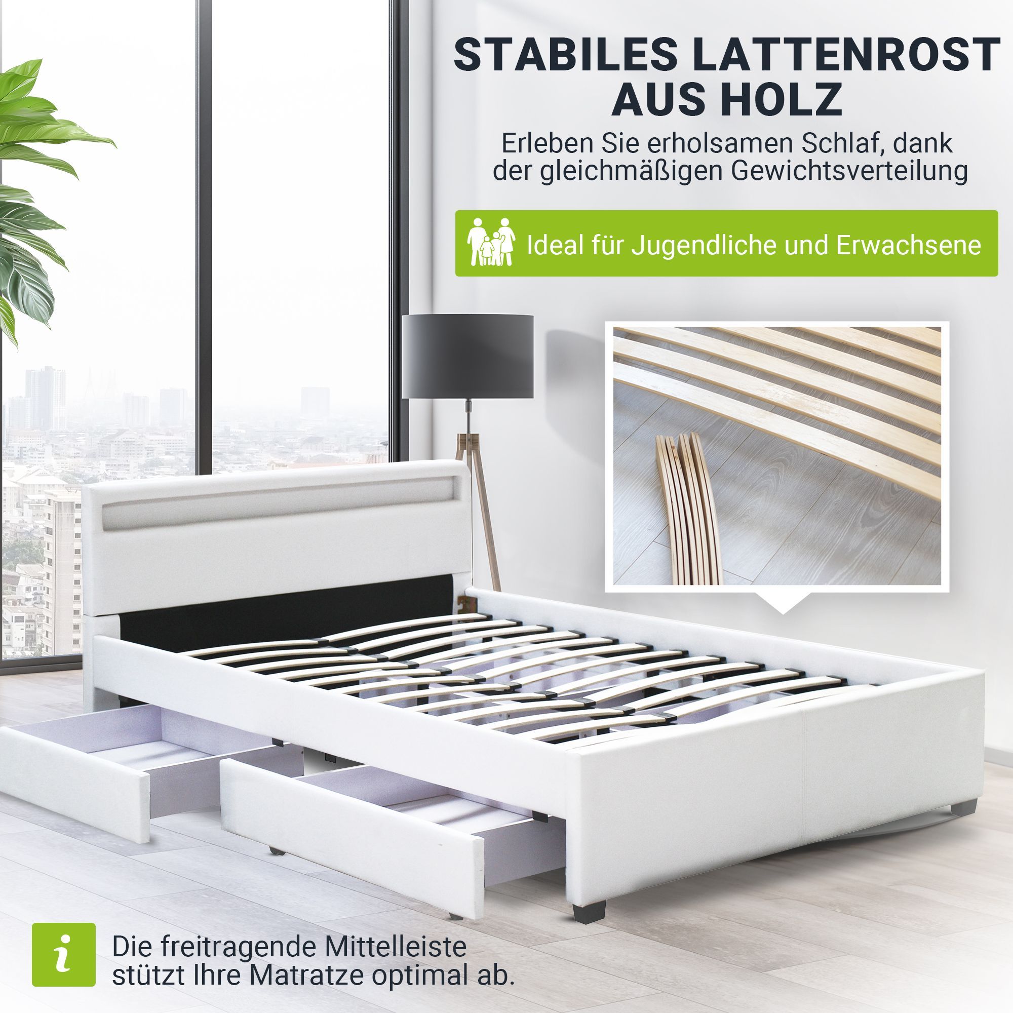Juskys Polsterbett Lyon 140x200 cm mit Lattenrost, Bettkasten & LED Beleuchtung - weiß