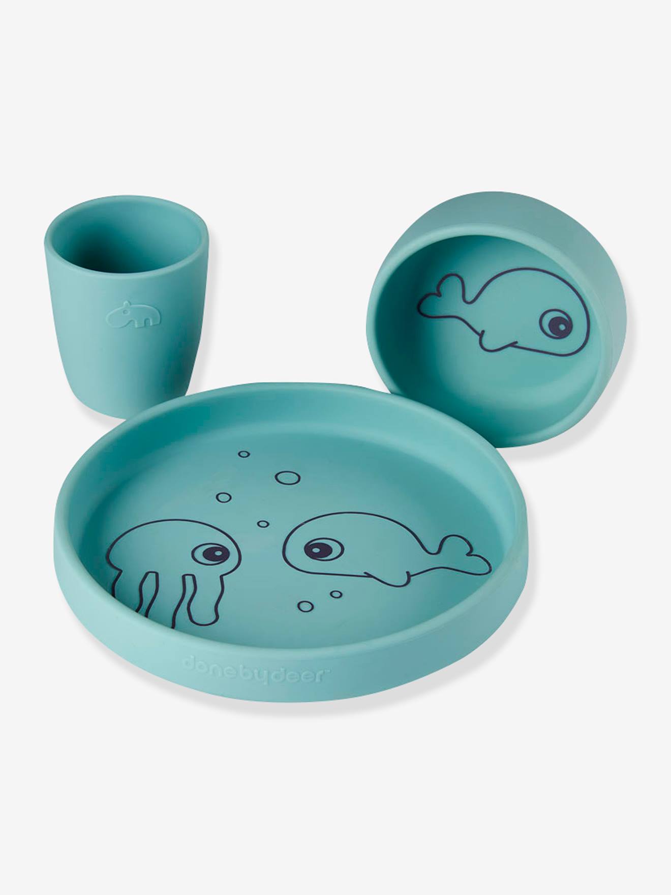 Lancheira Sea Friends da DONE BY DEER com 3 talheres, feita de silicone azul claro liso com estampas.