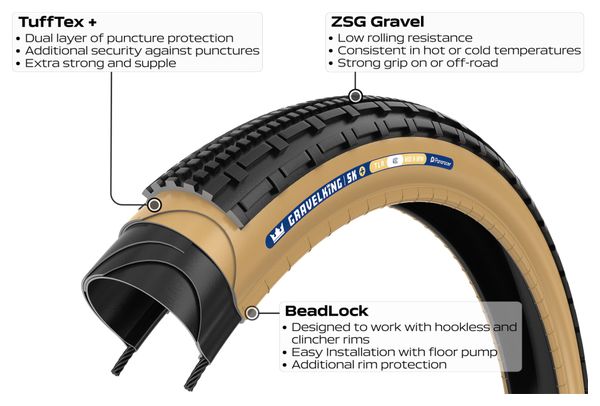 Pneu Gravel Panaracer GravelKing SK  700 mm Tubeless Ready Souple ZSG Gravel Compound BeadLock TuffTex  Noir Flancs Beiges