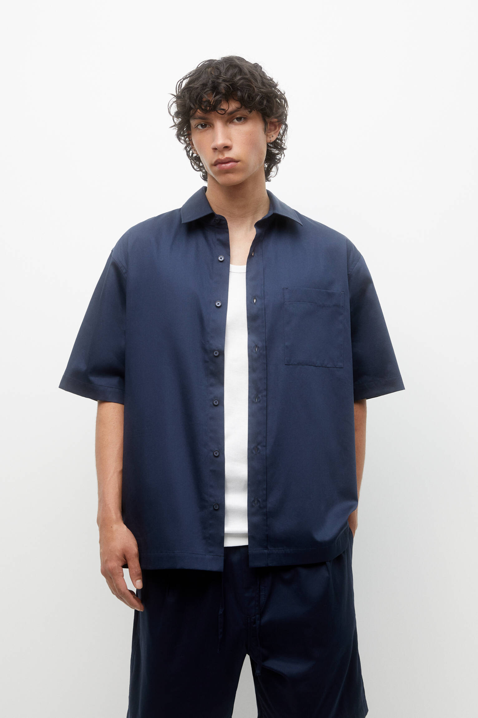 CAMISA DE POPELINE DE MANGA CURTA - AZUL MARINHO