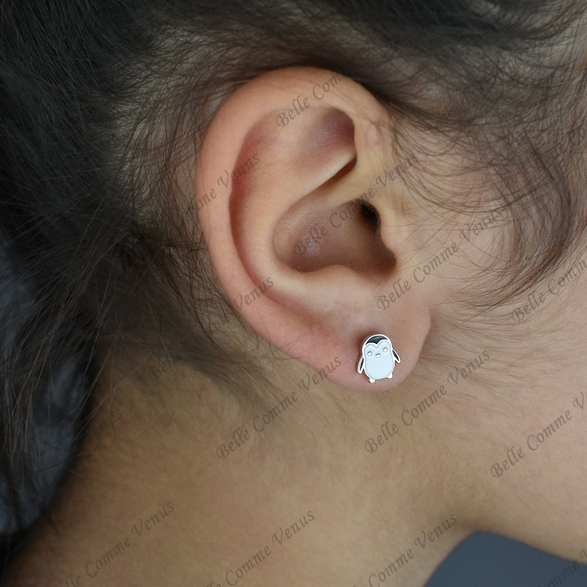 Boucles d'oreilles pingouin émail coloré blanc et noir Argent 925 Rhodié
