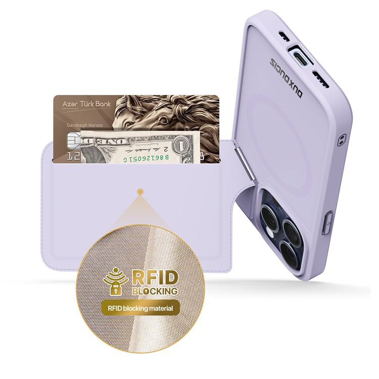iPhone 15 Pro Max MagSafe Hybrid Leder Hülle mit Kartenfach   Kickstand Aufsteller (RFID Schutz) - Lila