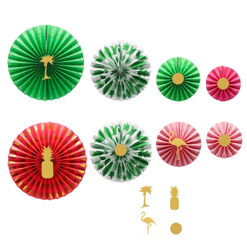 (15-tlg. Set) Papier Fächer Sommer Deko Rosetten für Party / Geburtstag - Grün / Rot / Rosa