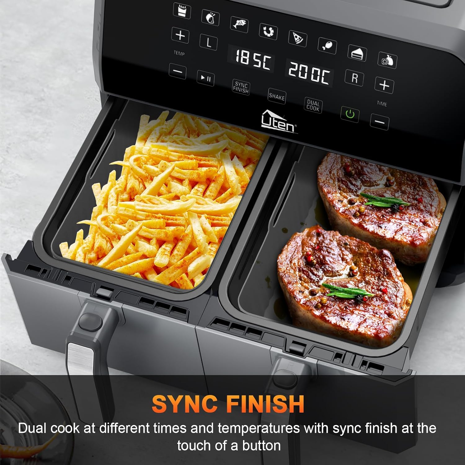 Uten Doppel Heißluftfritteuse, 8L Heißluftfritteuse Dual Zone, XXL Airfryer mit 2 Kammern, Silikonpads, 114 Rezepte, Digitalanzeige mit SYNC FINISH, Shake-Erinnerung, Spülmaschinenfest, E1905