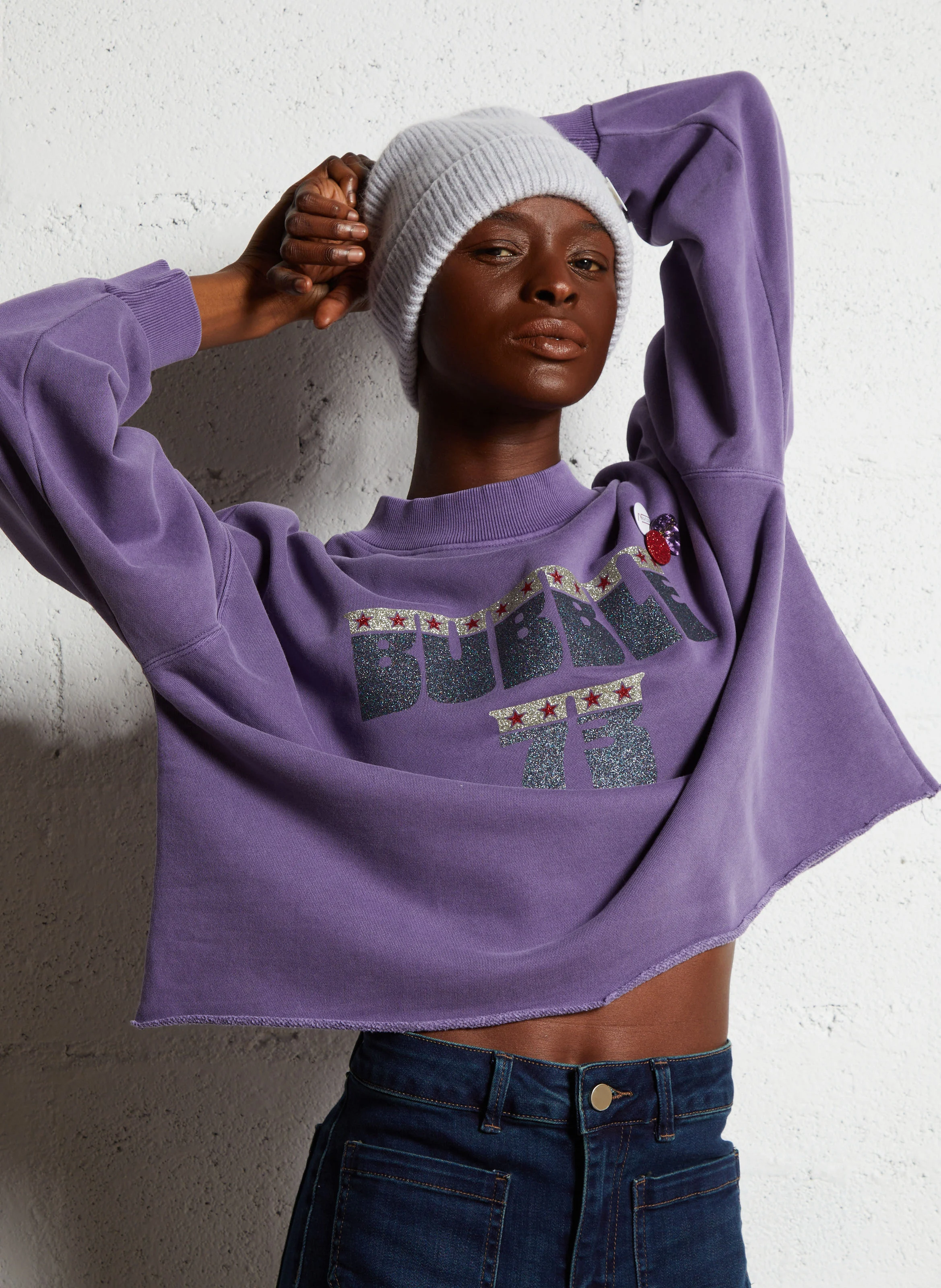 PORTER BUBBLE - Sweat ample col rond sérigraphié en coton | Violet