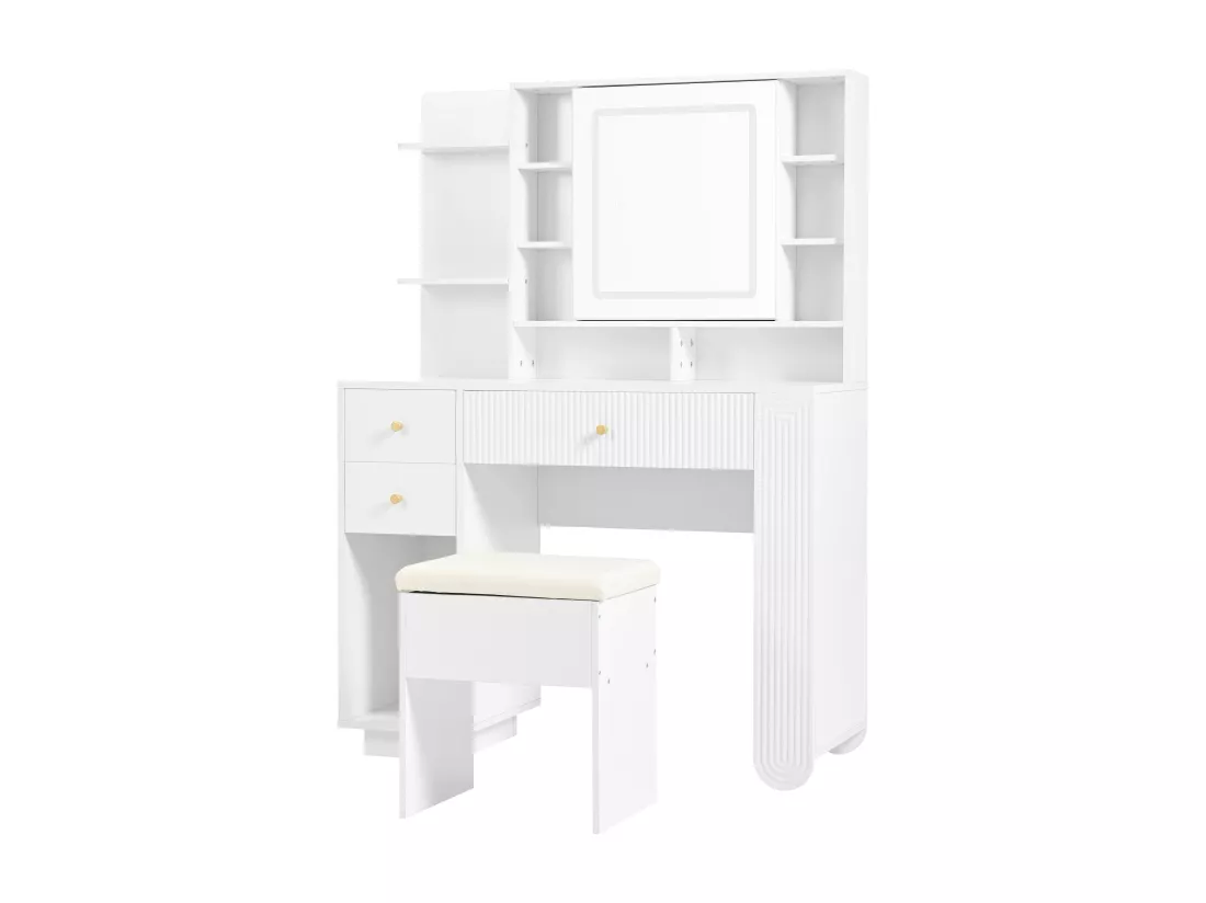 Coiffeuse avec 3 tiroirs, étagères ouvertes, miroir et tabouret - 100 x 40 x 138 cm - LEDs - Panneau de particules - Blanc