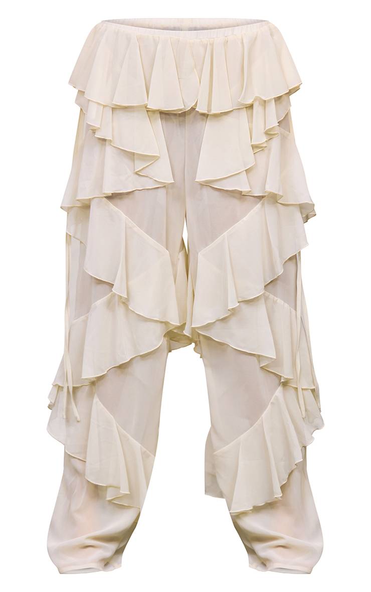 Crème Pantalon Large À Volants En Mousseline