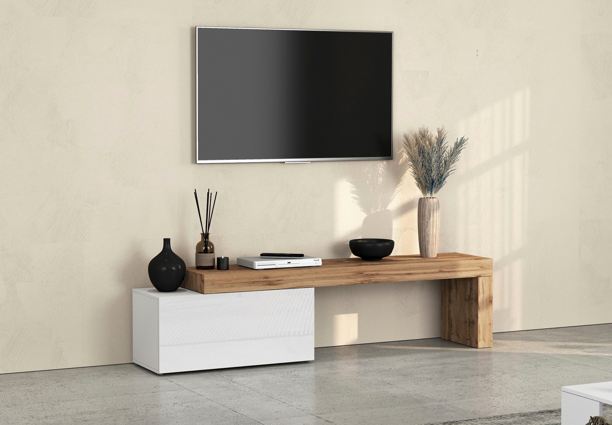 INOSIGN Lowboard »Chronos TV-Board, TV-Schrank« Breite verstellbar von 180 bis 260 cm, 1 Stk. tlg. Breite 220 cm TV-Board,Lowboard,1 Klappe und ein L-Förmiger Aufsatz