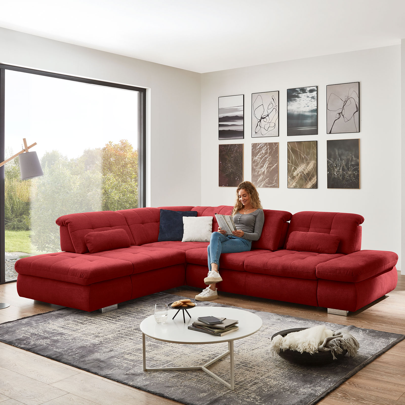polsterpower Ecksofa - cherry - Basismodell - Anstellhocker links