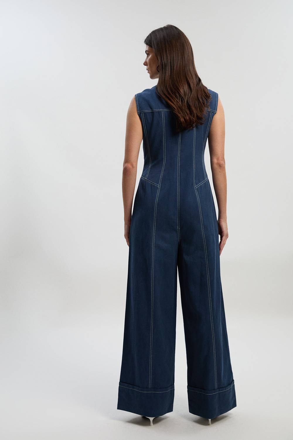 KarenMillen Combinaison Tissée Tall en Coton Tencel avec Fermeture Éclair et Surpiqûres Contrastées