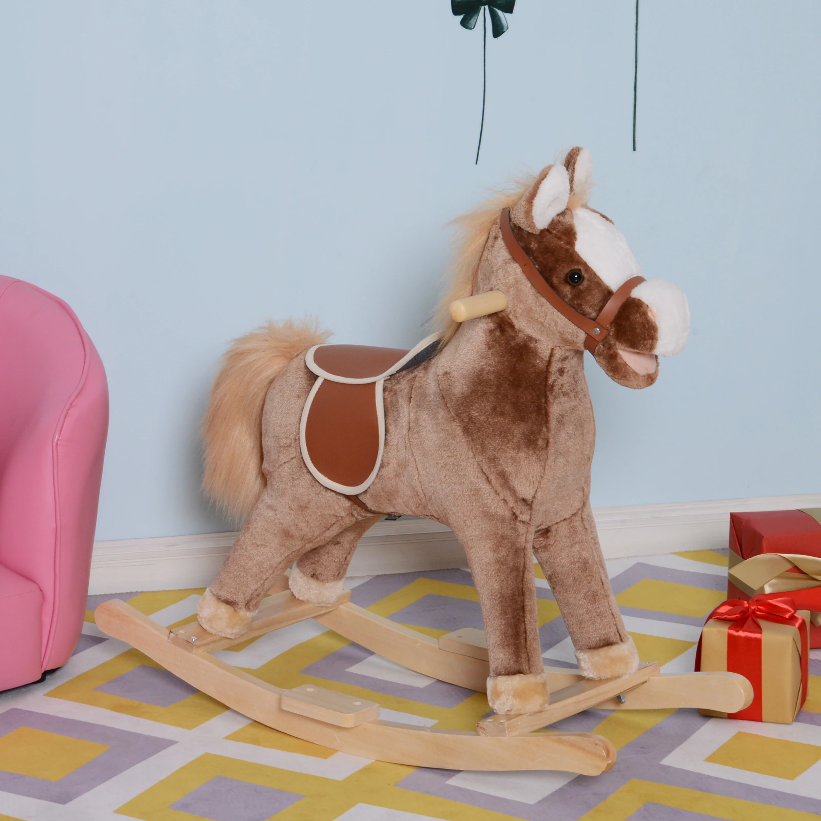 HOMCOM Plüsch-Schaukelpferd für Kinder braun 74 x 33 x 62 cm (LxBxH)