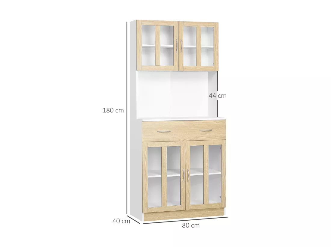 Buffet haut multi-rangement 4 portes vitrine verre avec étagère tiroir coulissant grand plateau panneaux particules blanc aspect chêne clair