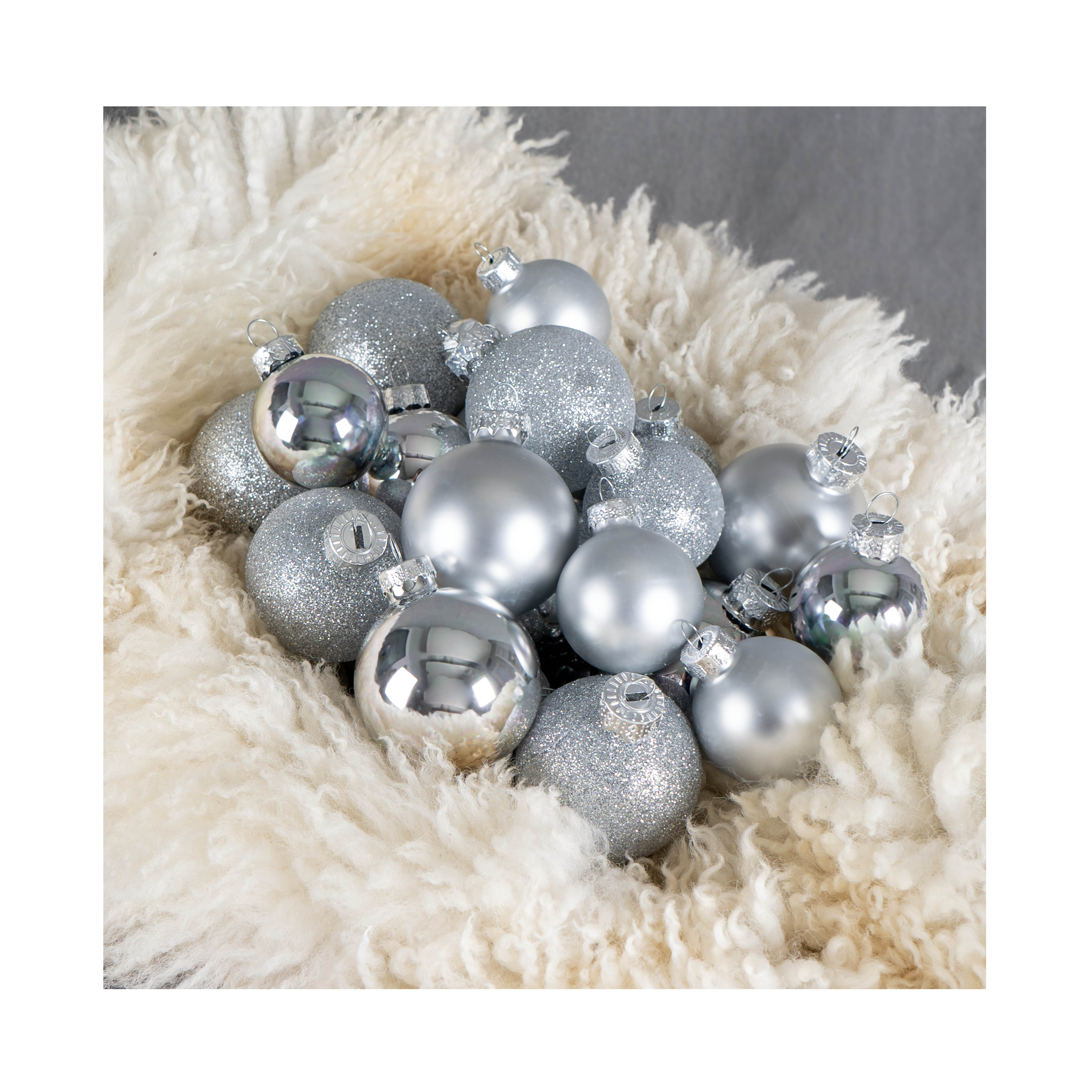 FS-STAR 34 Stück Glas Weihnachtskugeln Set silber, Kugeln Ø 40/50/60mm