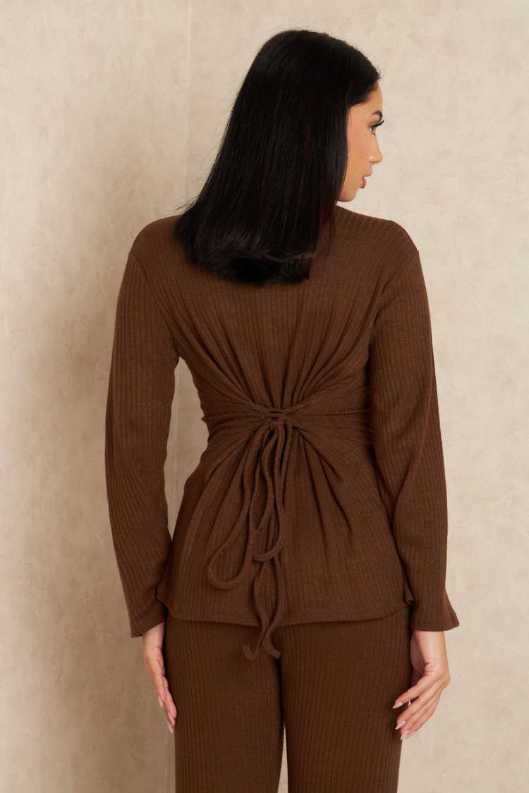 Ensemble 2 pièces ajustable ficelle dans le dos pull + pantalon marron