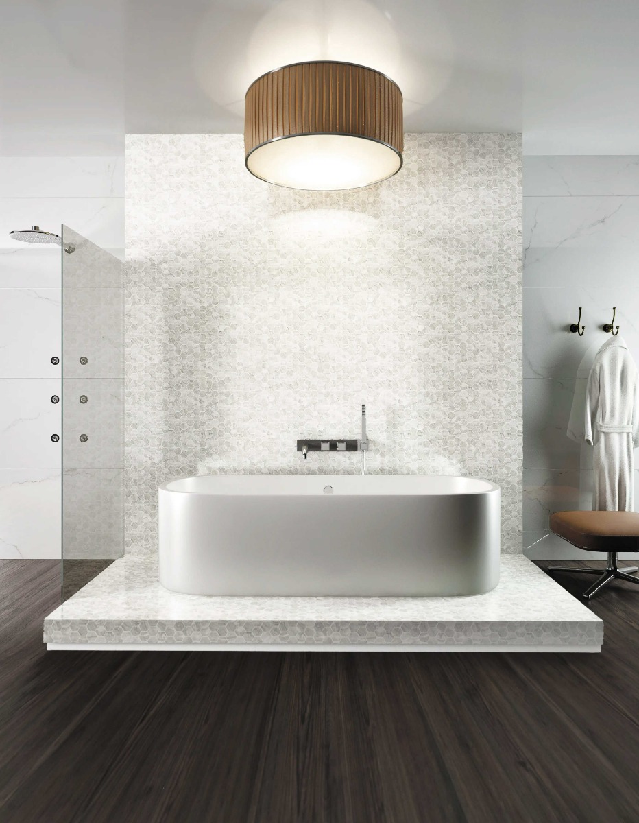 The Mosaic Factory Valencia hexagon glasmozaïek tegels 28x33cm bianco marble
