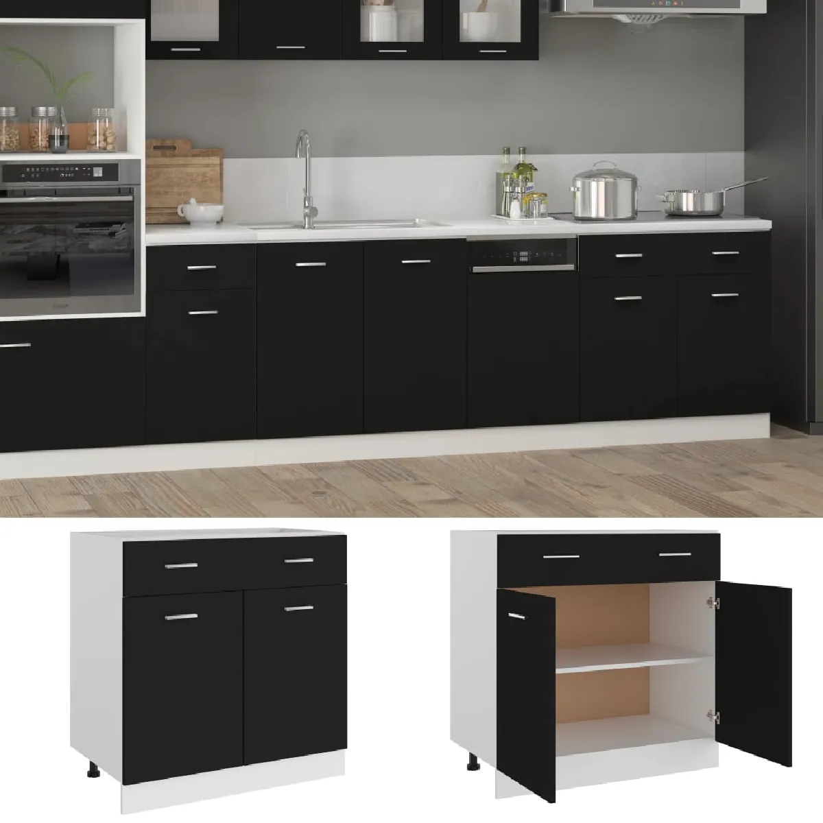 vidaXL Armoire de Plancher à Tiroir Noir