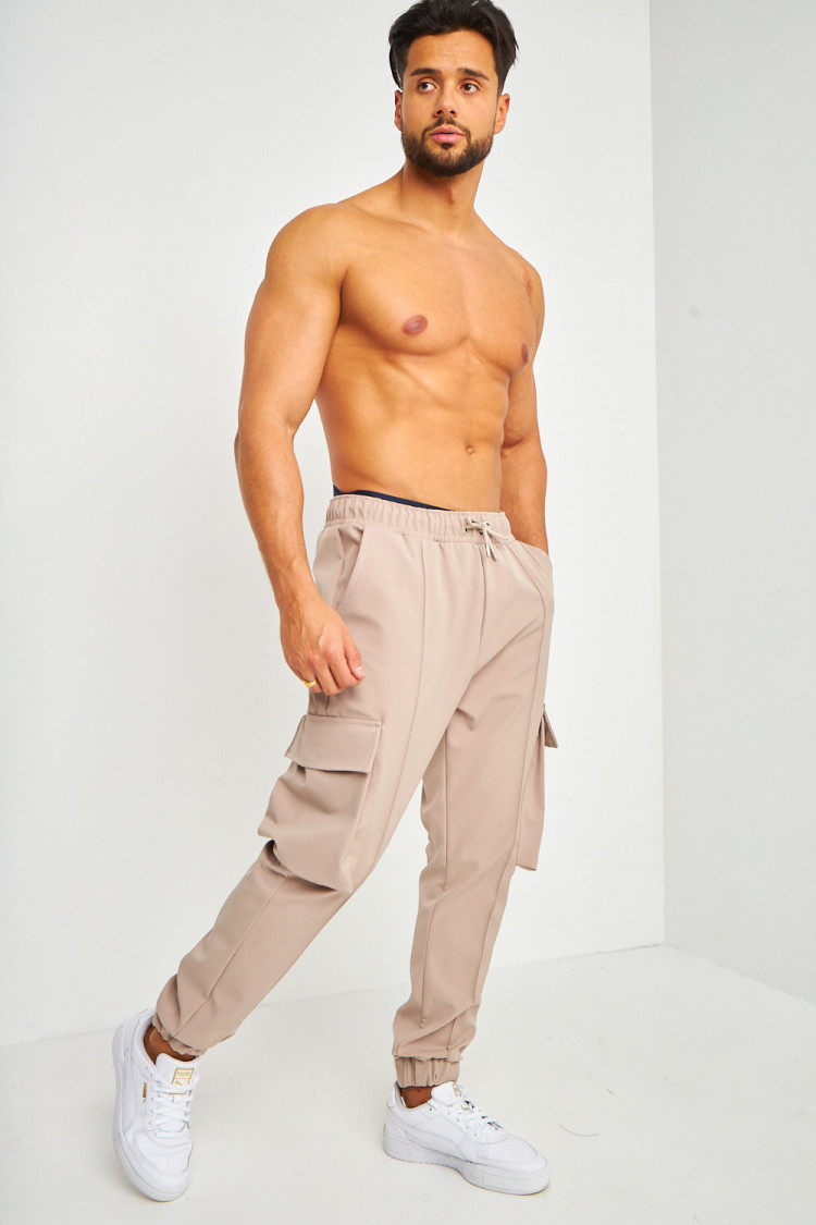 Joggerpant beige cargo avec surpiqures