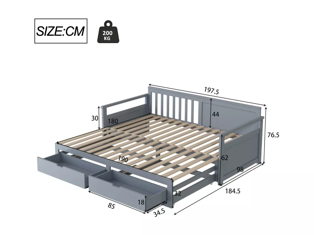 Lit gigogne 90/180x190cm en bois massif - 2 tiroirs à roulettes - Gris