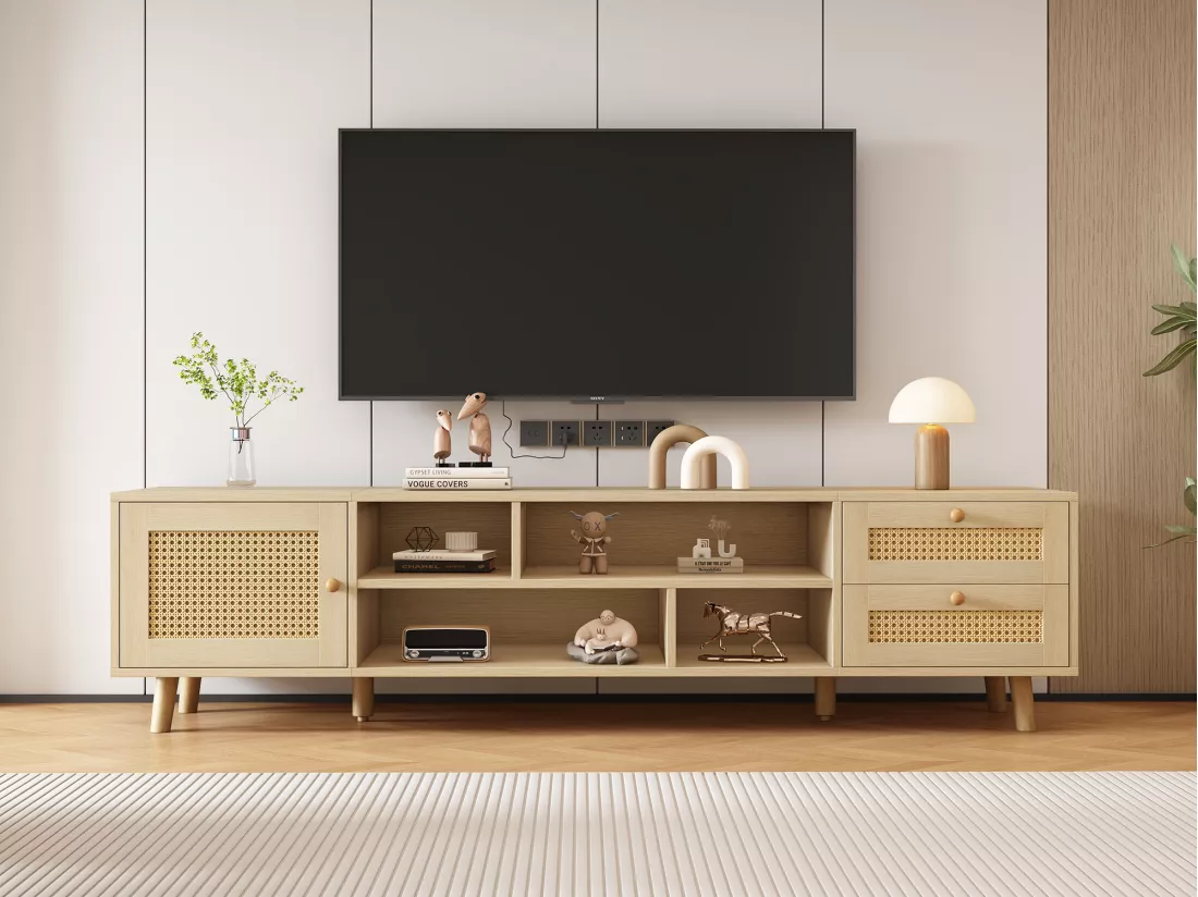 Meuble TV, Banc TV 160 cm avec 2 tiroirs, 1 porte & 4 compartiments, Pour les TV jusqu'à 70