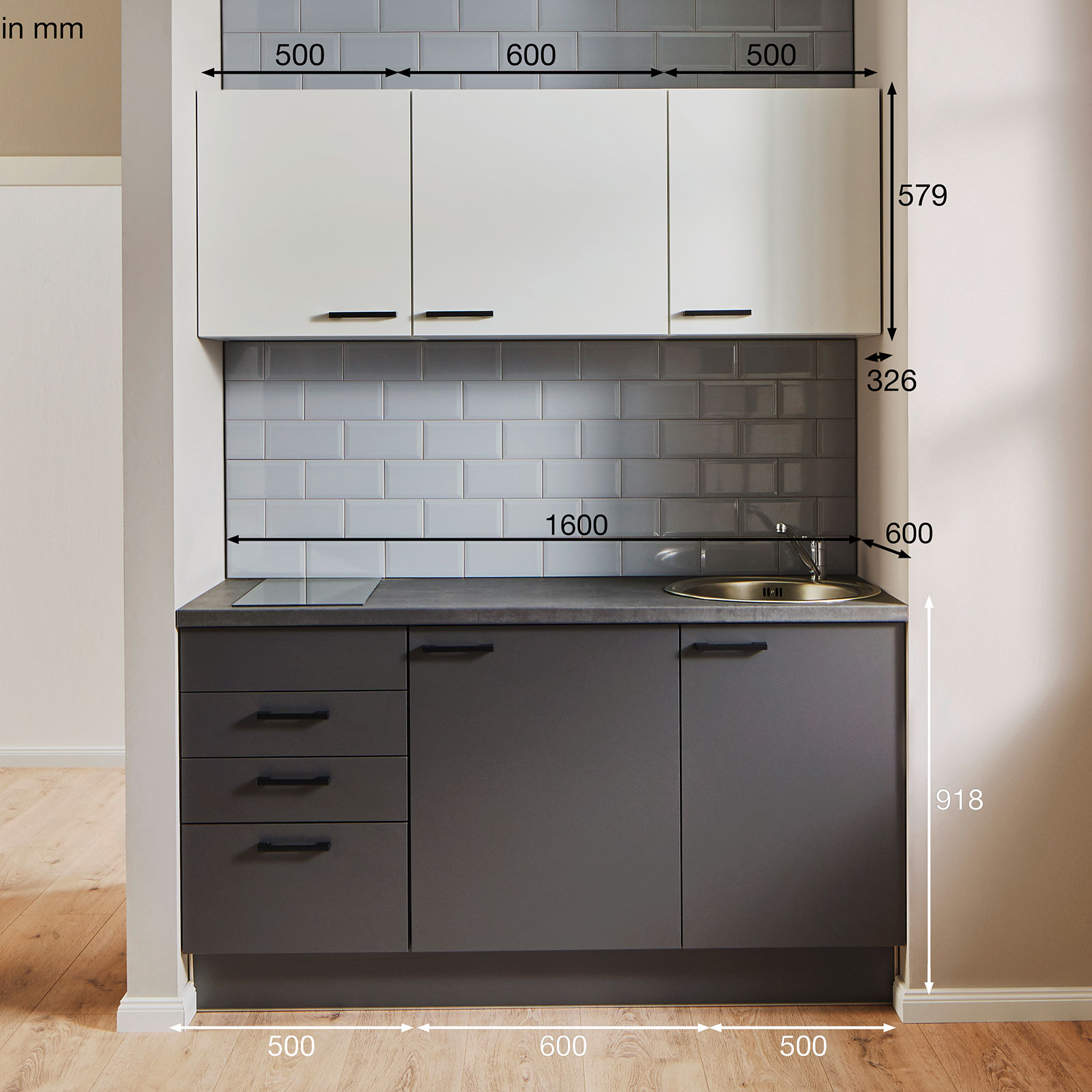 Single-Miniküche - weiß-Graphit-Beton-graphitgrau - mit E-Geräten - 160 cm