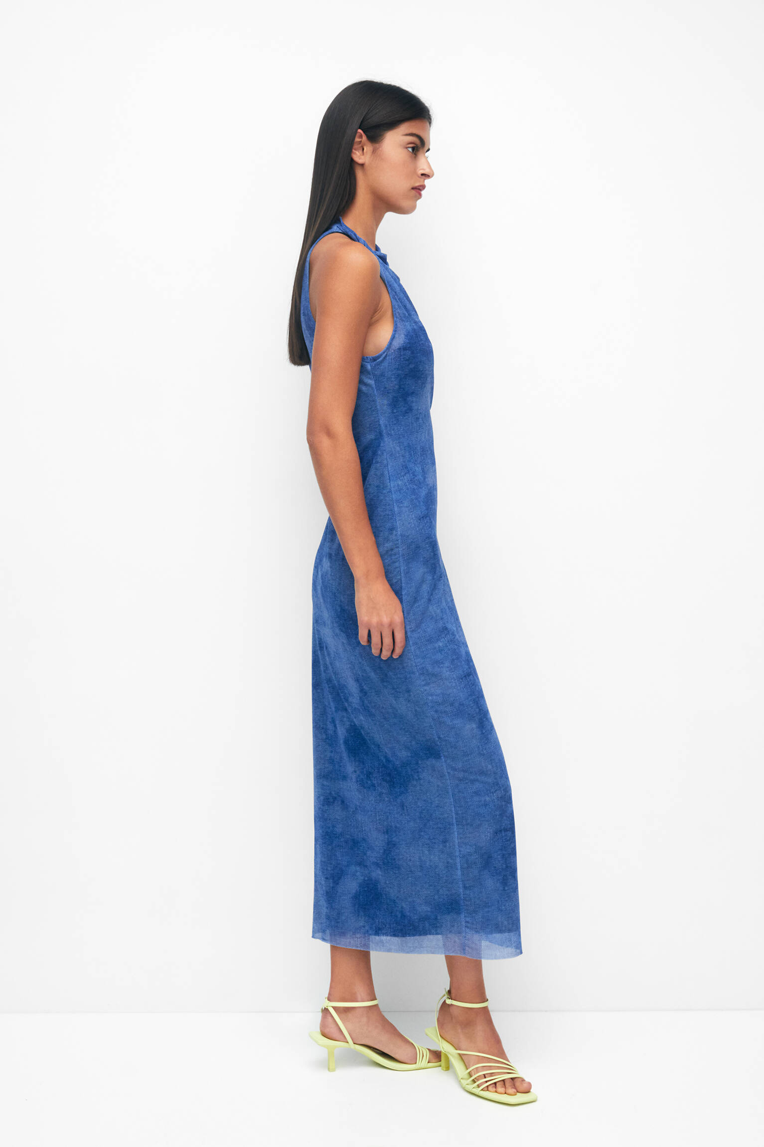 VESTIDO MIDI DE TULE COM ESTAMPA JEANS - AZUL
