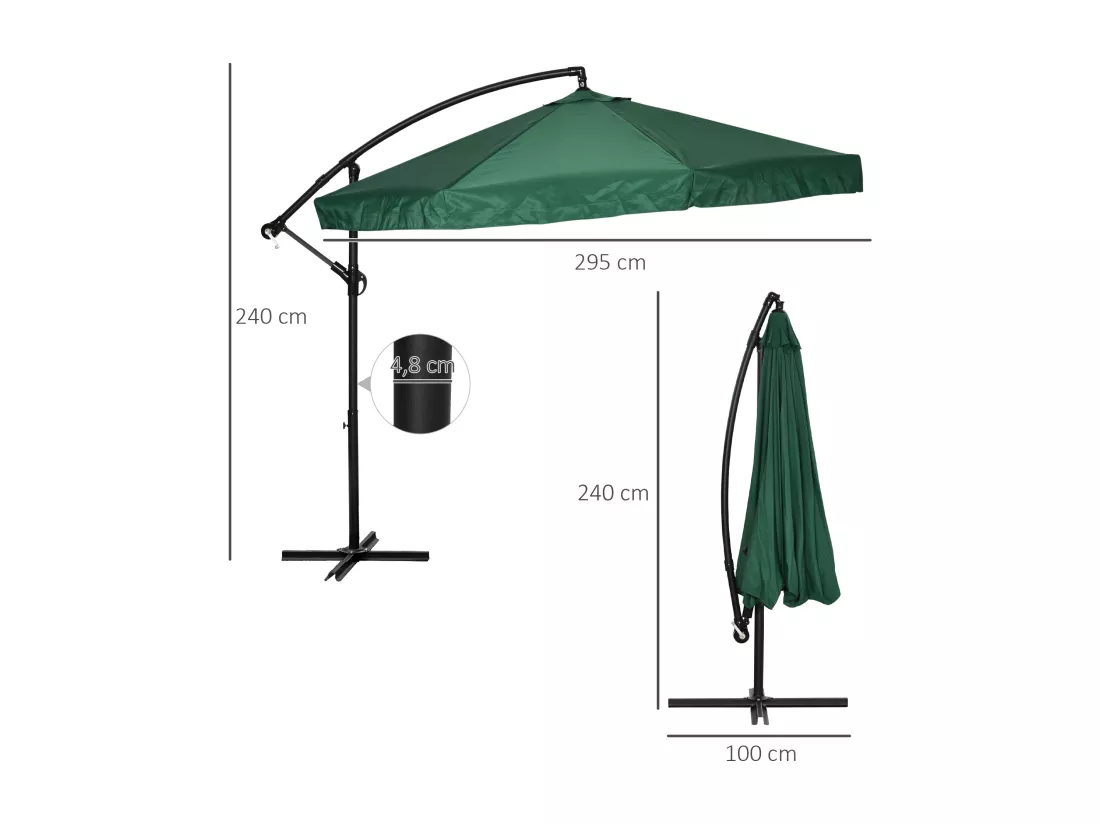 Parasol déporté octogonal inclinable pivotant manivelle moustiquaire pied acier Ø 2,95 x 2,42H m vert