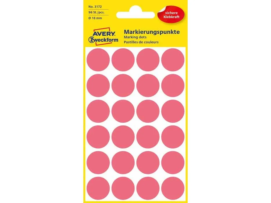 Etiket Avery klar rød Ø18 mm - (4 ark x 24 stk.)