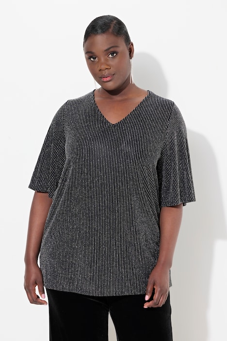 T-Shirt, Glitzerstreifen, A-Linie, V-Ausschnitt, Halbarm