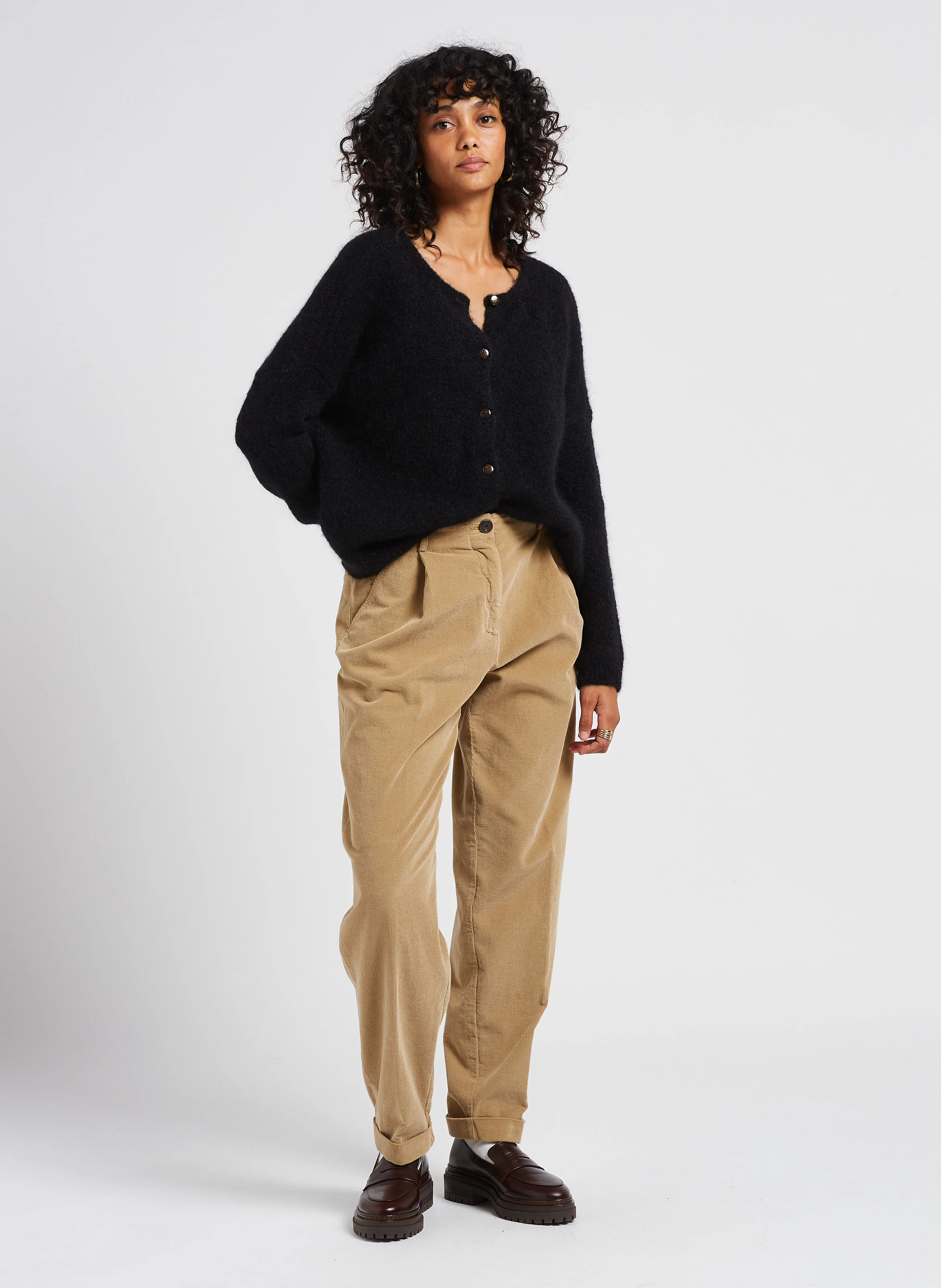 Pantalon carotte en coton de velours côtelé| Marron