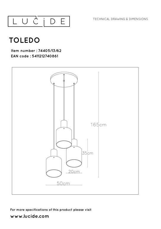 Lucide Toledo 3 cluster hanglamp rond amber