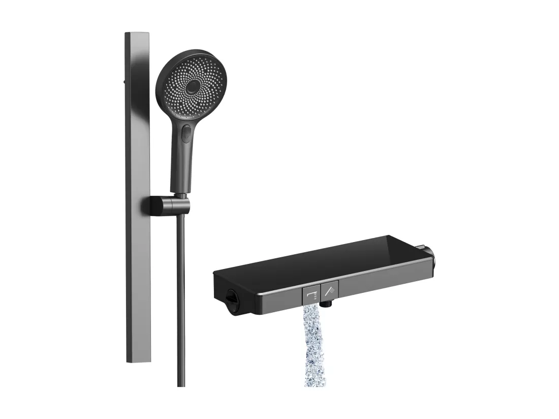 EMKE Colonne de Douche avec douche theramostat 38 °C à Grande douche de tête et douchette multimode, Cercle, anthracite