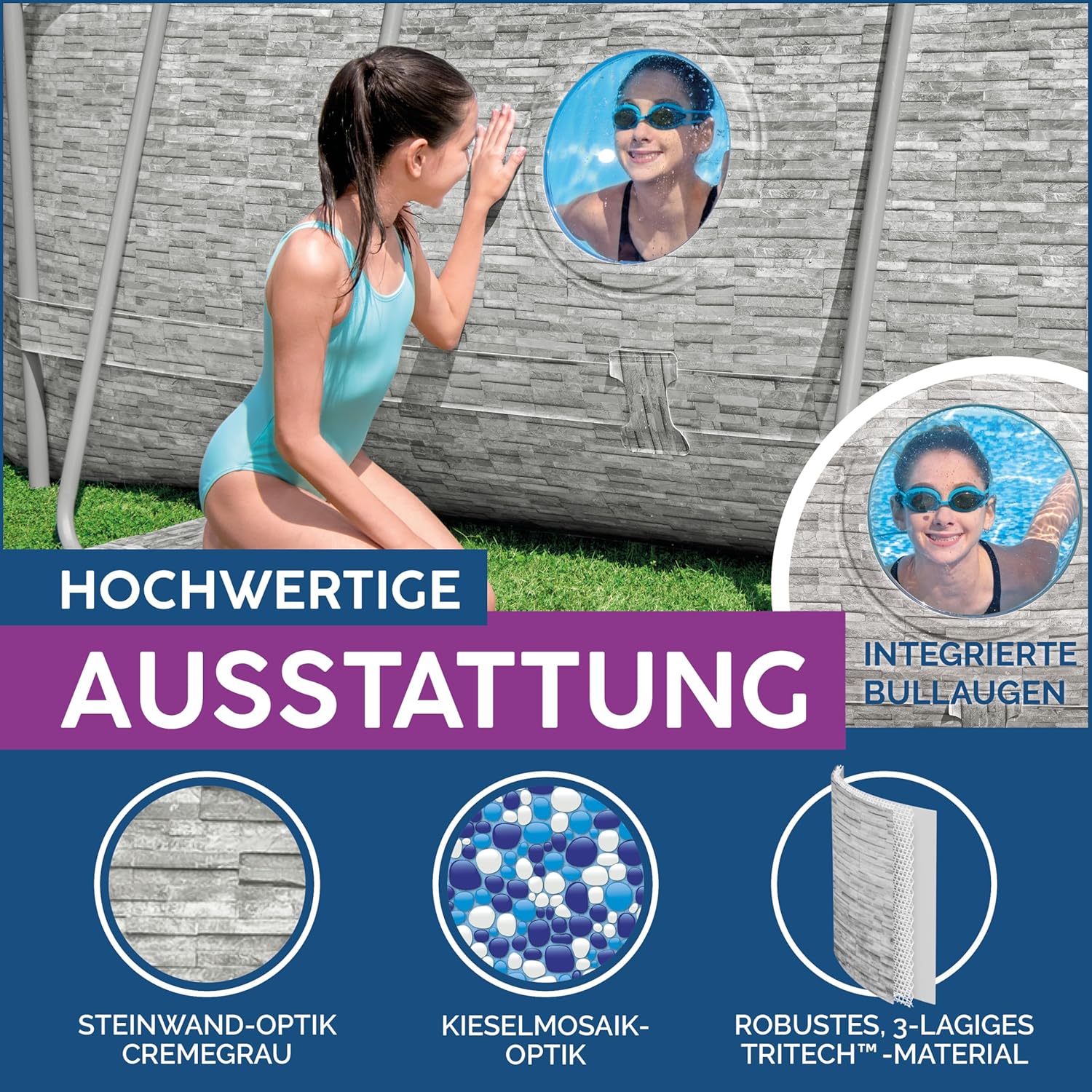 Bestway® Power Steel Swim Vista Series Ersatz Frame Pool ohne Zubehör 488 x 305 x 107 cm, Steinwand-Optik (Cremegrau), oval
