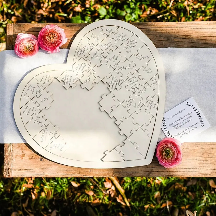 (470x440mm) Echtholz Hochzeits Gästebuch DIY Herz Guest Book Puzzle - 56 Gäste