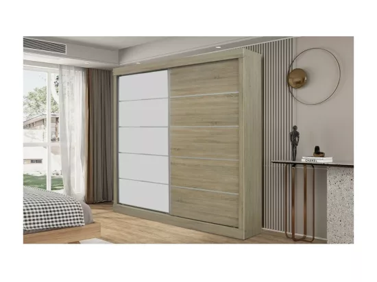 Garde Robe MILS, armoire 2 portes coulissantes avec miroir coloris chêne sonoma, idéal pour une chambre design